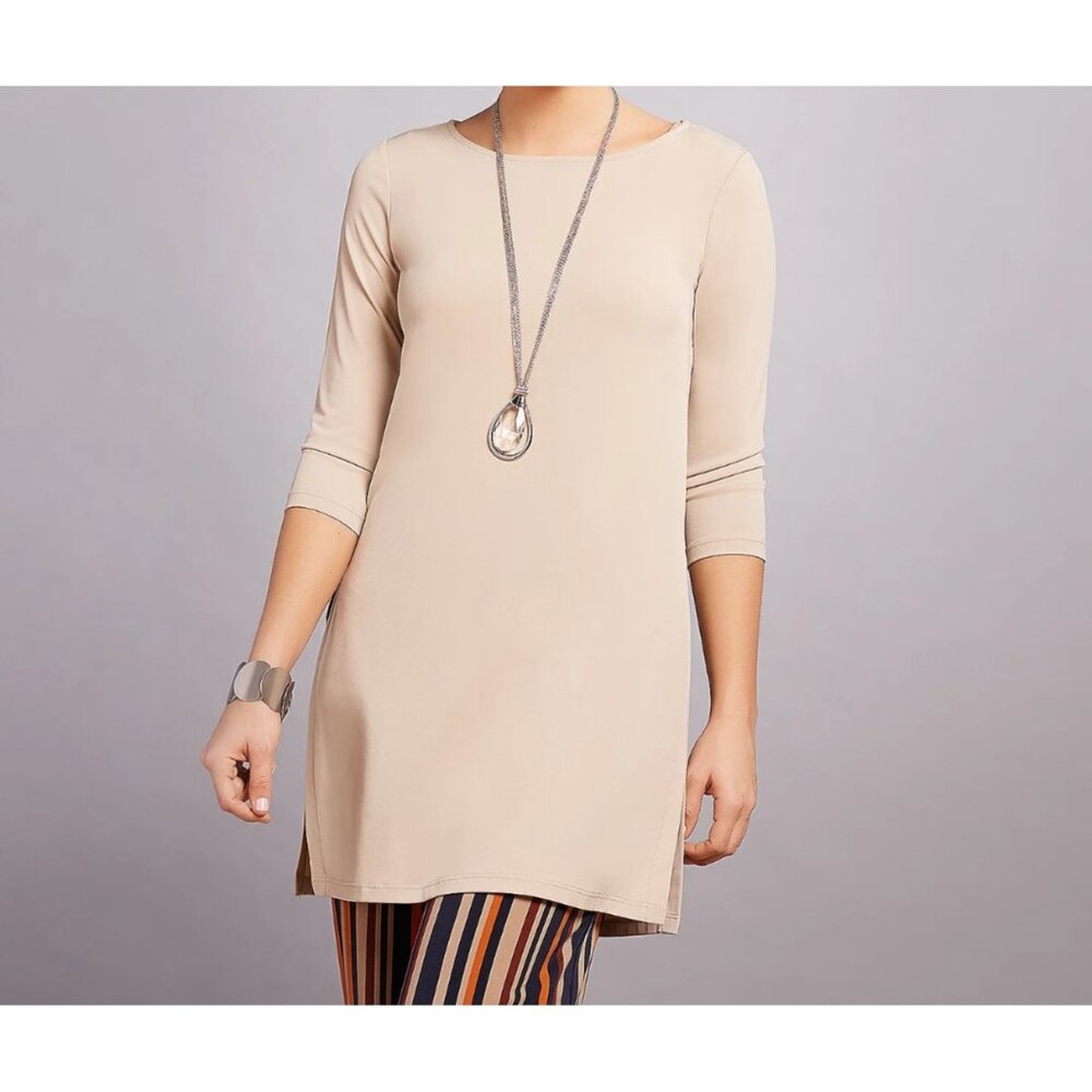 Susan Graver Womens 2XL Petite Liquid‎ Knit Tunic Tan Relax EZ Care Minimalist